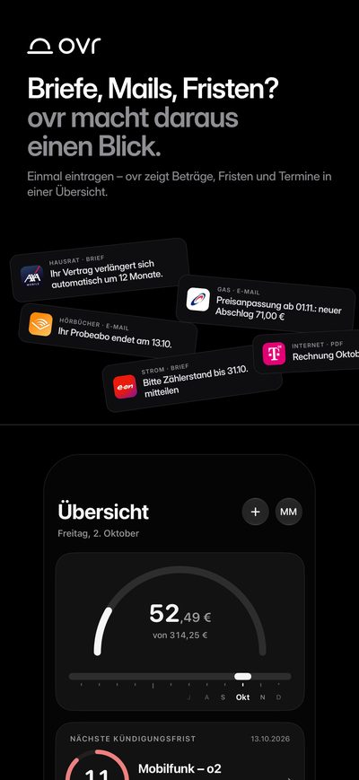 „Briefe, Mails, Fristen? ovr macht daraus einen Blick.“ Oben verstreute Briefe und E-Mails mit Fristen und Preisänderungen, darunter die ruhige Übersicht von ovr mit Monatsbogen und der nächsten Kündigungsfrist.