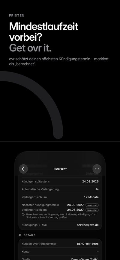 „Mindestlaufzeit vorbei? Get ovr it.“ Die Detailansicht einer Hausratversicherung mit dem nächsten Kündigungstermin, markiert als „berechnet“.