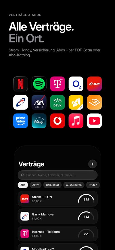 „Alle Verträge. Ein Ort.“ Logos von Anbietern für Streaming, Mobilfunk, Strom und Versicherung, darunter die Vertragsliste von ovr.