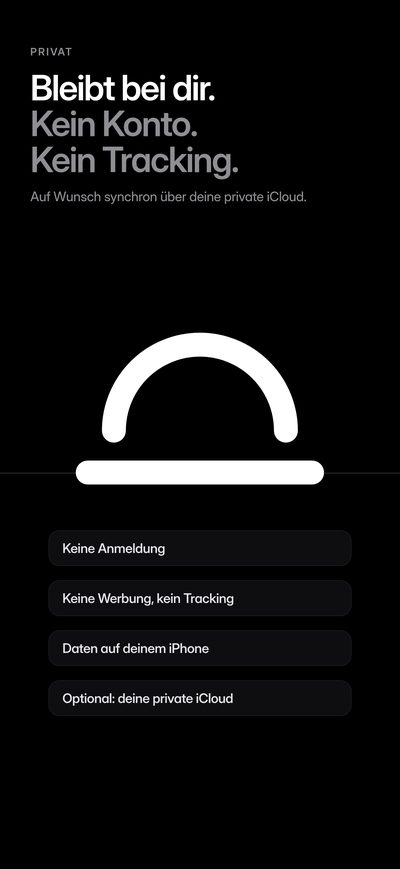 „Bleibt bei dir. Kein Konto. Kein Tracking.“ Das ovr-Zeichen auf der Horizontlinie und vier Punkte: keine Anmeldung, keine Werbung und kein Tracking, Daten auf deinem iPhone, optional deine private iCloud.