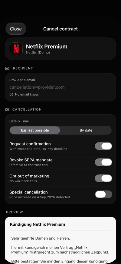 “Cancelling? ovr and done.” A prepared cancellation draft for a streaming subscription – you review it and send it yourself.